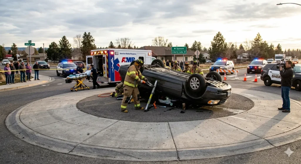 Firefighters Extricate Occupants After Single-Vehicle Rollover in Spokane Valley Roundabout