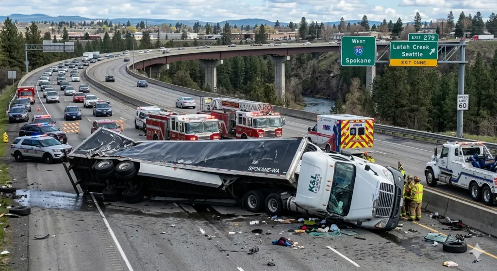 Semi-Truck Crashes and Rolls Over on I-90 Near Latah Creek Bridge in Spokane Valley, WA
