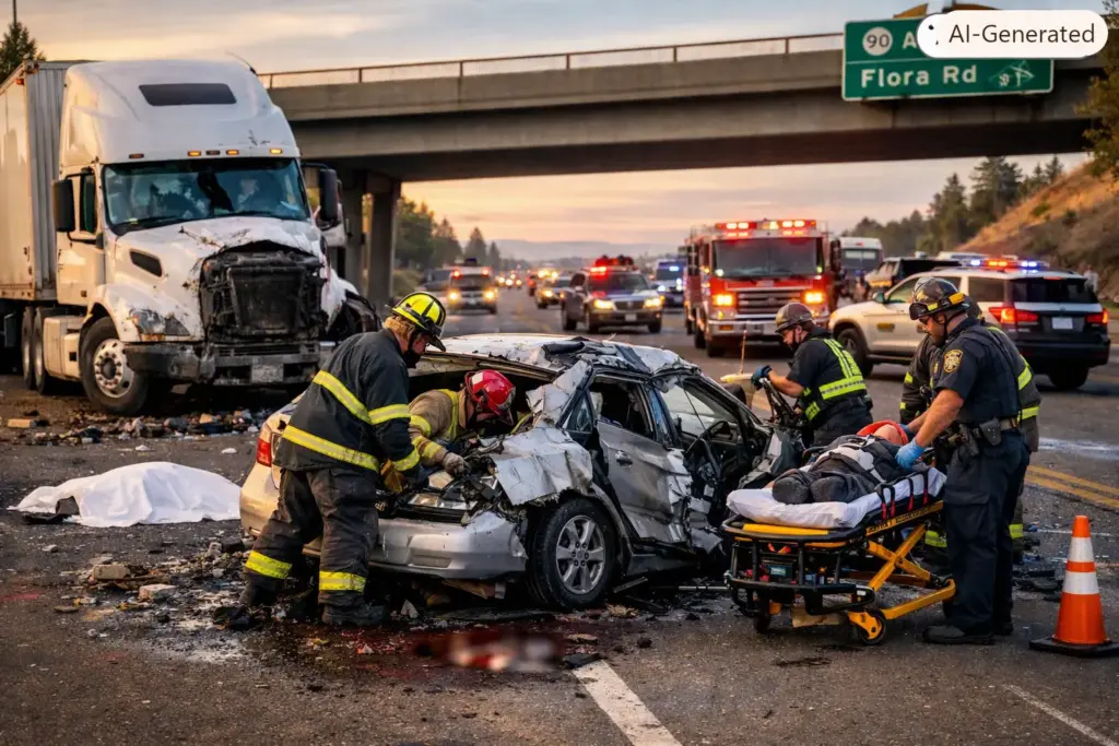 Semi-Truck and Car Crash Shuts Down Eastbound I-90 in Spokane Valley
