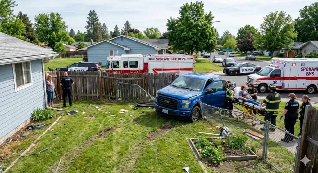Spokane Pickup Truck Crash Sends Vehicle Through Fence Into Backyard, Woman Hospitalized